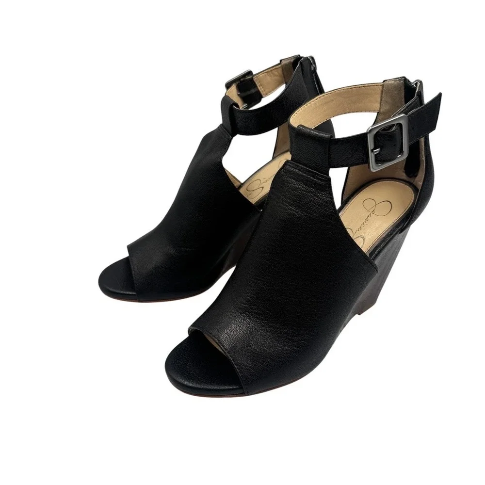 Jessica Simpson Crimsella Black Leather Wedge Sandals Peep Toe Ankle Strap 7M